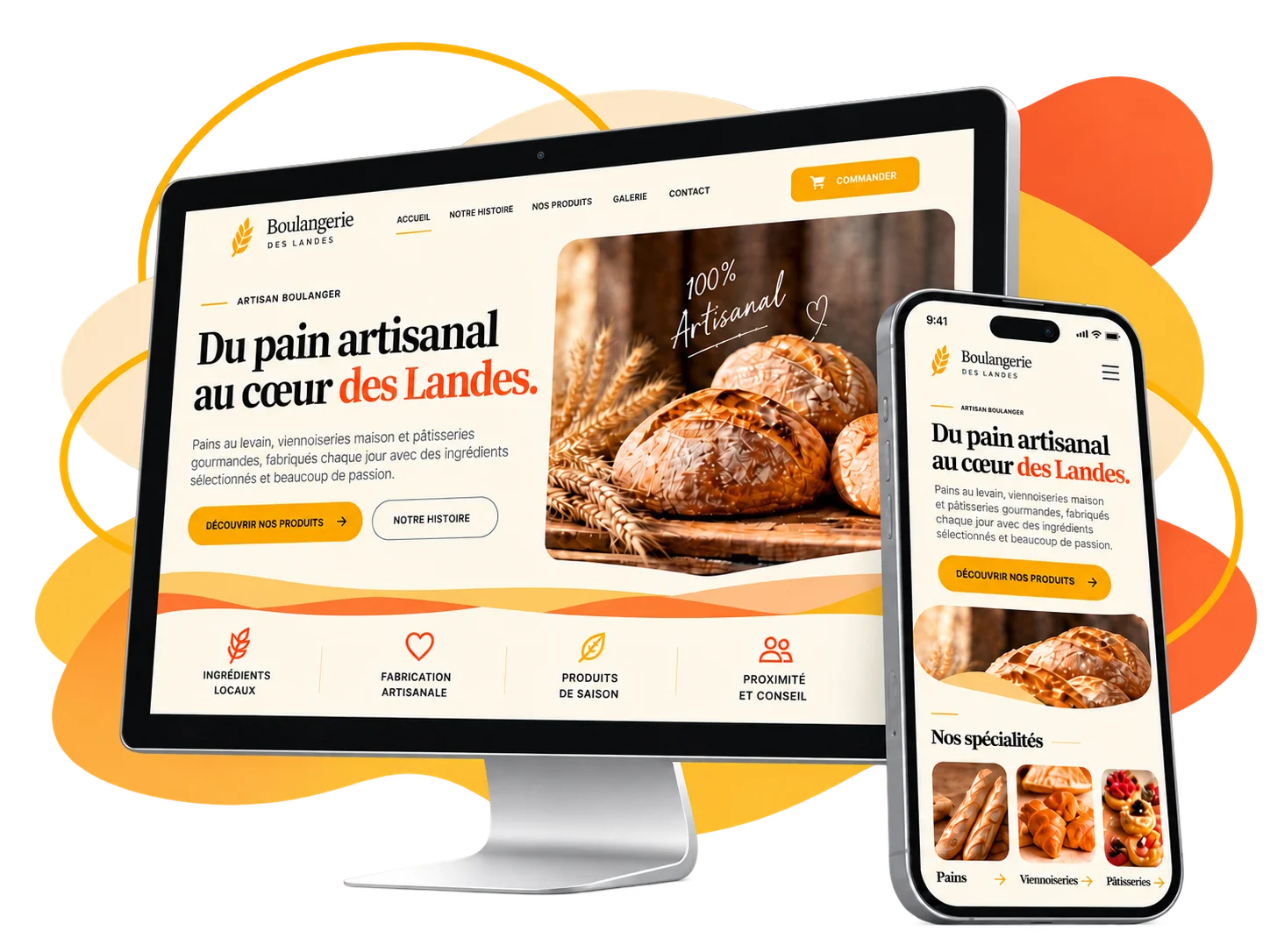 Exemple de site vitrine pour une boulangerie des Landes, affiché sur ordinateur et sur téléphone, avec les métiers Artisan, Commerce, Restaurant et Indépendant